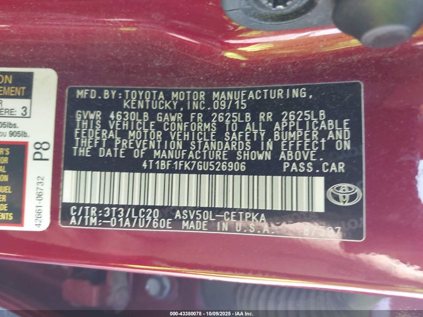 2016 Toyota Camry Xse VIN: 4T1BF1FK7GU526906 Lot: 43380078