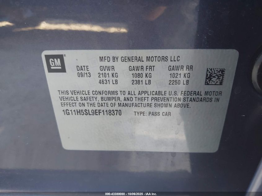 2014 Chevrolet Malibu 1Lz VIN: 1G11H5SL9EF118370 Lot: 43380088