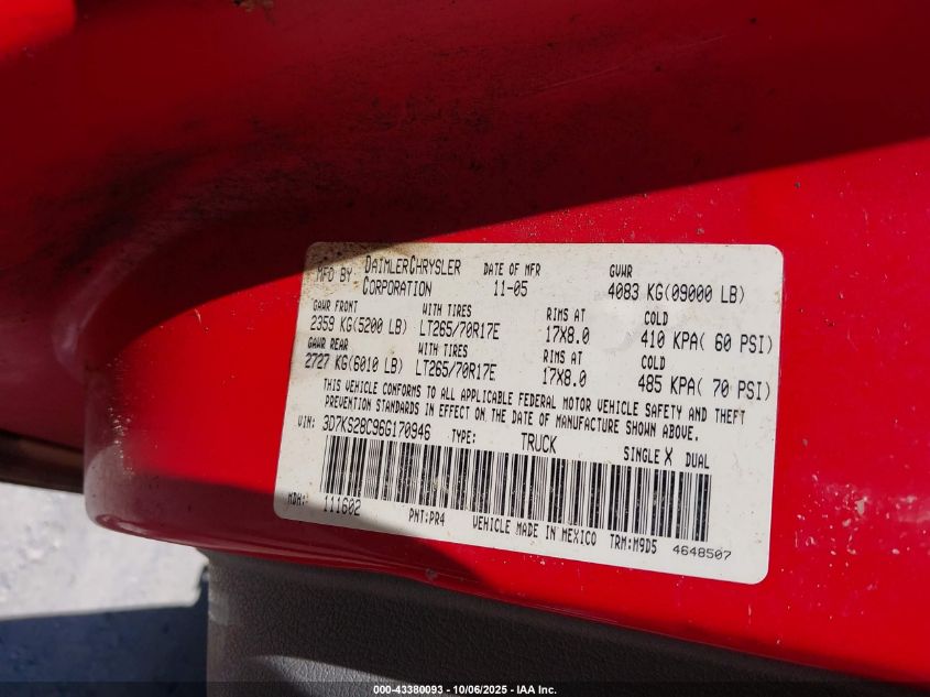 2006 Dodge Ram 2500 Slt/Trx4 Off Road/Sport/Power Wagon VIN: 3D7KS28C96G170946 Lot: 43380093