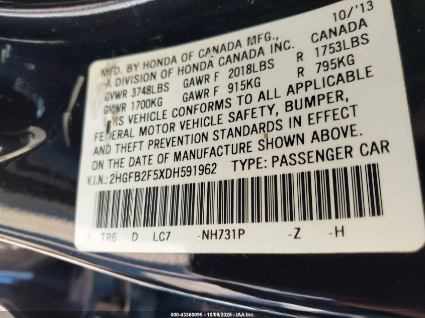 2013 Honda Civic Lx VIN: 2HGFB2F5XDH591962 Lot: 43380095