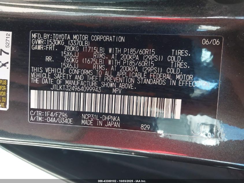 2006 Scion Xb VIN: JTLKT324964099943 Lot: 43380102