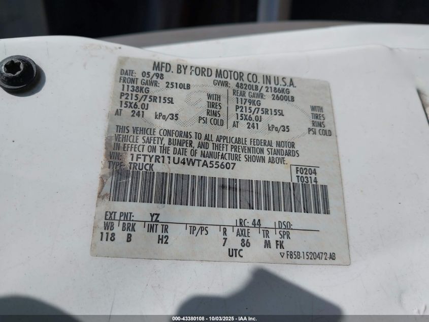 1998 Ford Ranger Splash/Xl/Xlt VIN: 1FTYR11U4WTA55607 Lot: 43380108