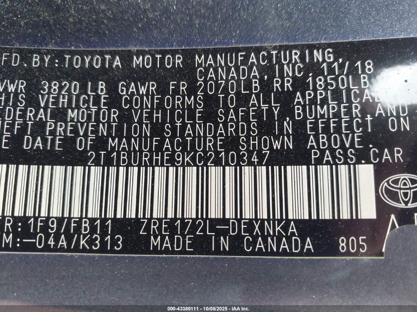 2019 Toyota Corolla Le VIN: 2T1BURHE9KC210347 Lot: 43380111