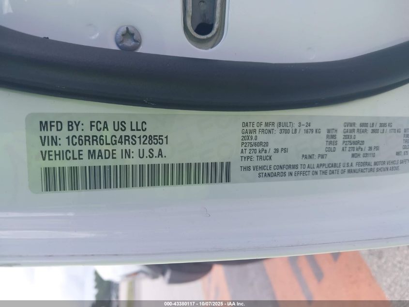 2024 Ram 1500 Classic VIN: 1C6RR6LG4RS128551 Lot: 43380117