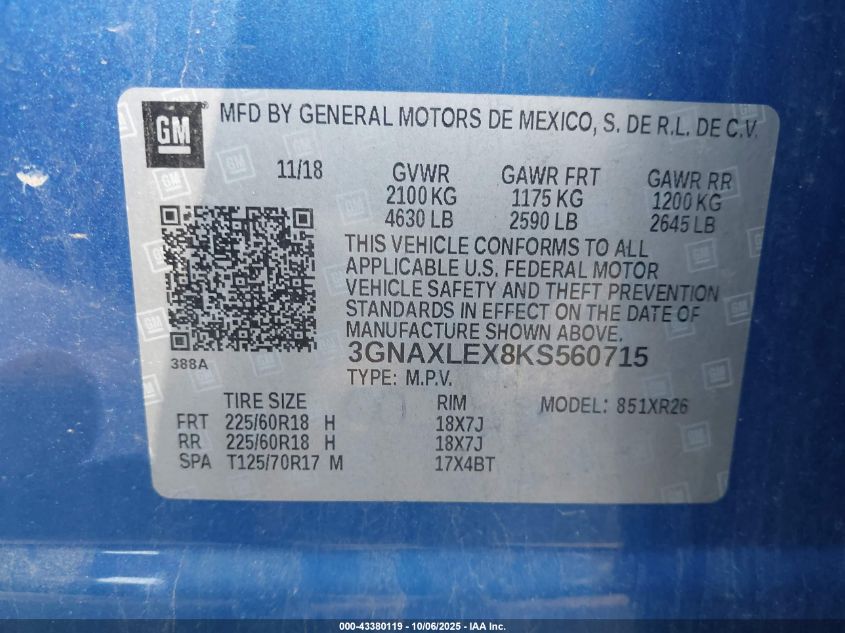 2019 Chevrolet Equinox Lt VIN: 3GNAXLEX8KS560715 Lot: 43380119