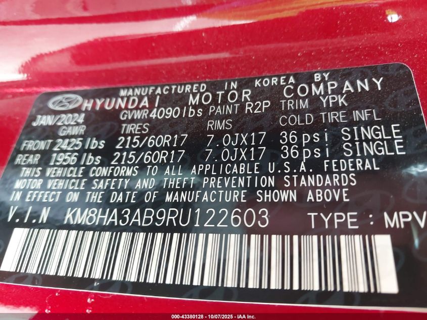 2024 Hyundai Kona Se VIN: KM8HA3AB9RU122603 Lot: 43380128