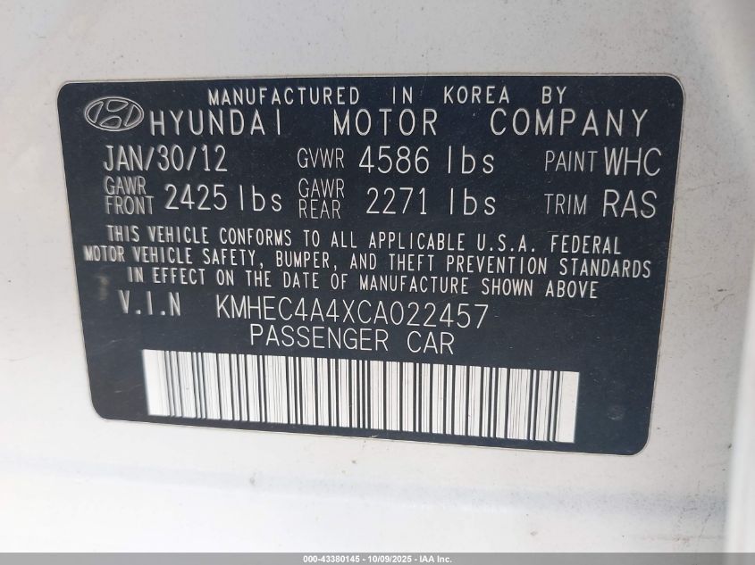 2012 Hyundai Sonata Hybrid VIN: KMHEC4A4XCA022457 Lot: 43380145