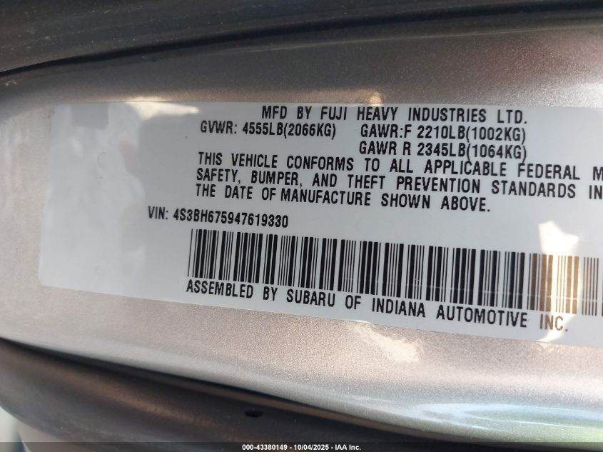 2004 Subaru Outback VIN: 4S3BH675947619330 Lot: 43380149