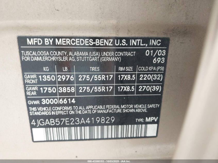 2003 Mercedes-Benz Ml 350 VIN: 4JGAB57E23A419829 Lot: 43380153