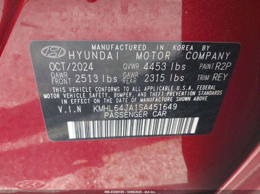 2025 Hyundai Sonata Sel VIN: KMHL64JA1SA451649 Lot: 43380159