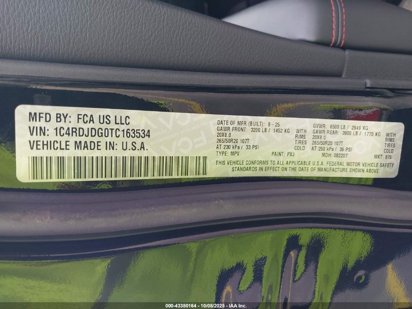 2026 Dodge Durango Gt VIN: 1C4RDJDG0TC163534 Lot: 43380164