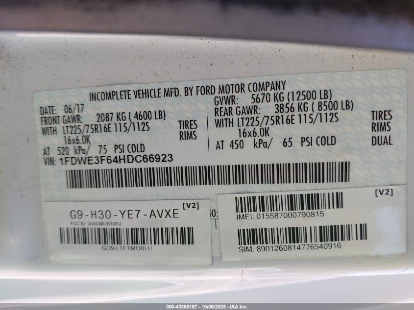 2017 Ford E-350 Cutaway VIN: 1FDWE3F64HDC66923 Lot: 43380167