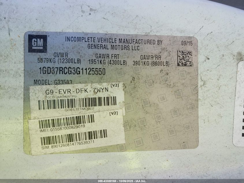2016 GMC Savana Cutaway 3500 VIN: 1GD37RCG3G1125550 Lot: 43380168