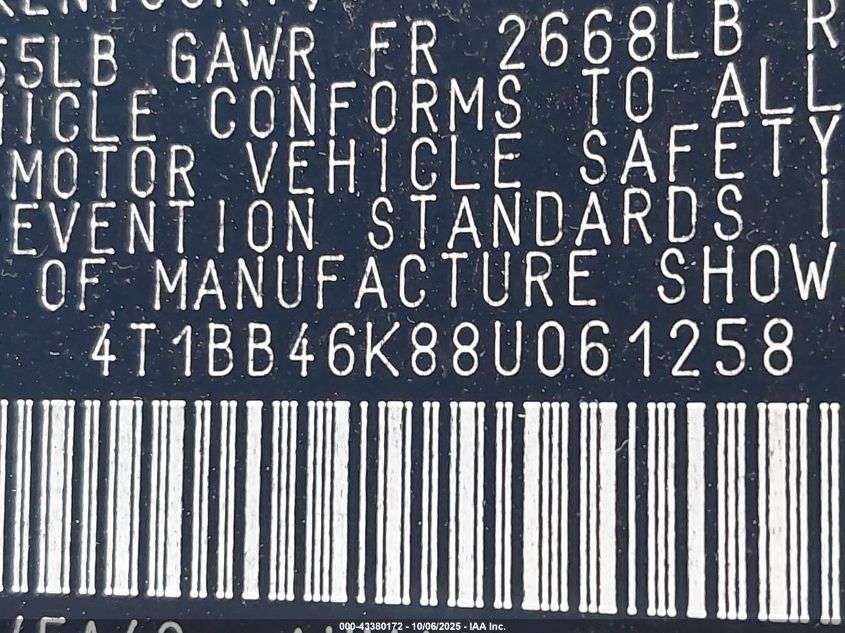 2008 Toyota Camry Hybrid VIN: 4T1BB46K88U061258 Lot: 43380172