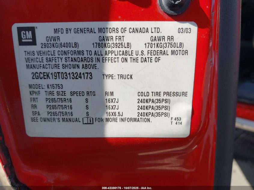 2003 Chevrolet Silverado 1500 Ls VIN: 2GCEK19T031324173 Lot: 43380176