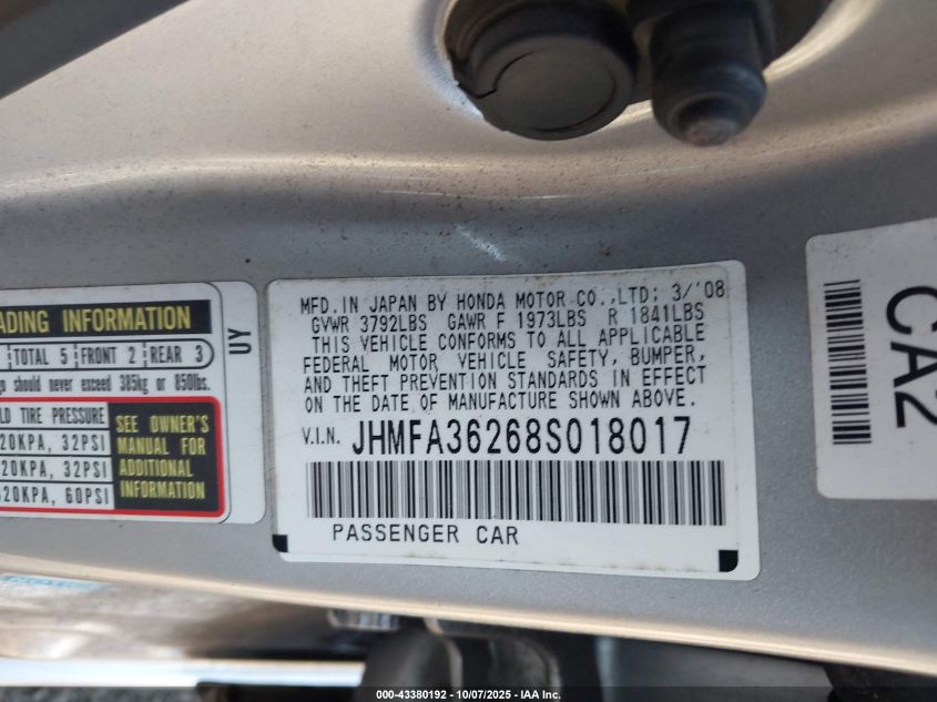 2008 Honda Civic Hybrid VIN: JHMFA36268S018017 Lot: 43380192