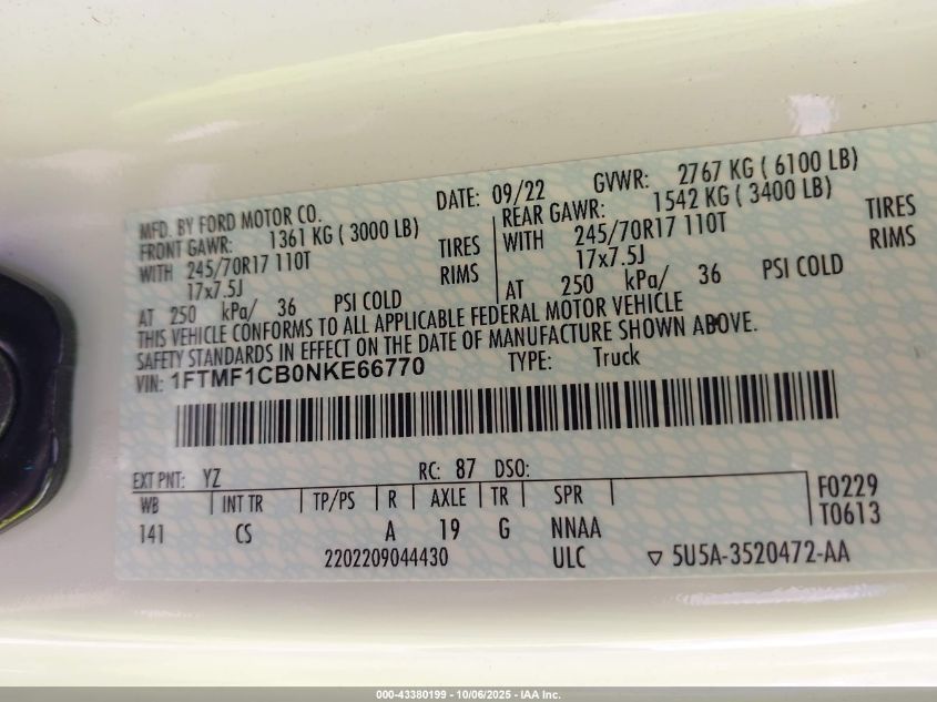 2022 Ford F-150 Xl VIN: 1FTMF1CB0NKE66770 Lot: 43380199