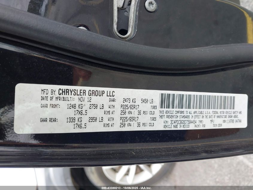 2013 Dodge Journey Sxt VIN: 3C4PDCBG9DT584454 Lot: 43380213