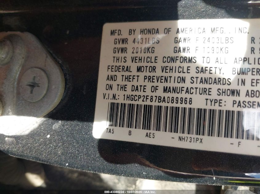 2011 Honda Accord 2.4 Ex-L VIN: 1HGCP2F87BA089968 Lot: 43380224