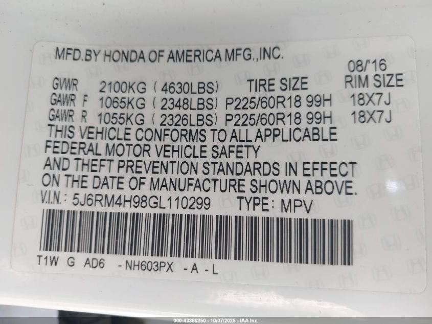 2016 Honda Cr-V Touring VIN: 5J6RM4H98GL110299 Lot: 43380250