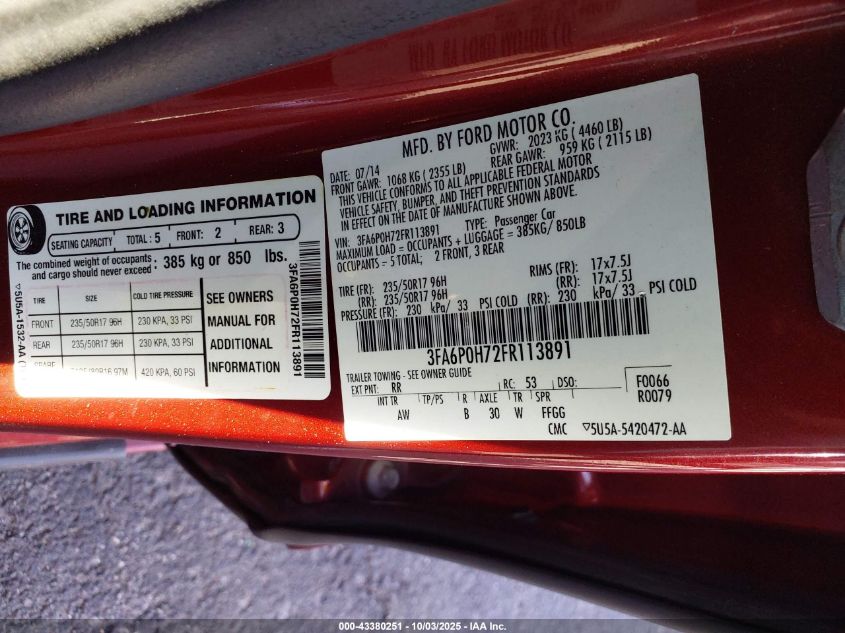 2015 Ford Fusion Se VIN: 3FA6P0H72FR113891 Lot: 43380251