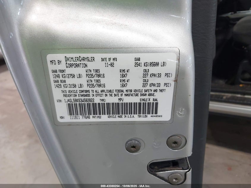 2003 Jeep Liberty Limited Edition VIN: 1J4GL58K63W582822 Lot: 43380254