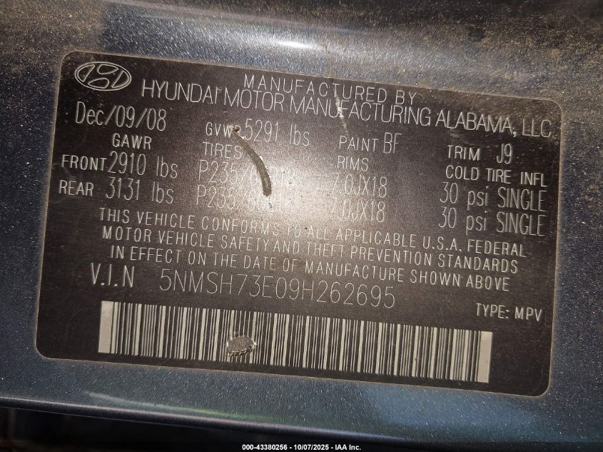 2009 Hyundai Santa Fe Limited VIN: 5NMSH73E09H262695 Lot: 43380256