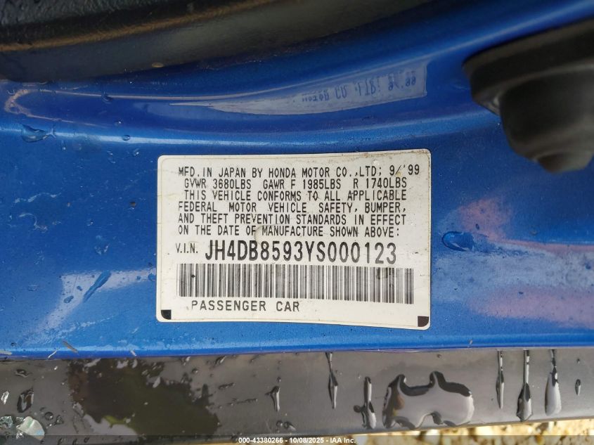 2000 Acura Integra Gs-R VIN: JH4DB8593YS000123 Lot: 43380266