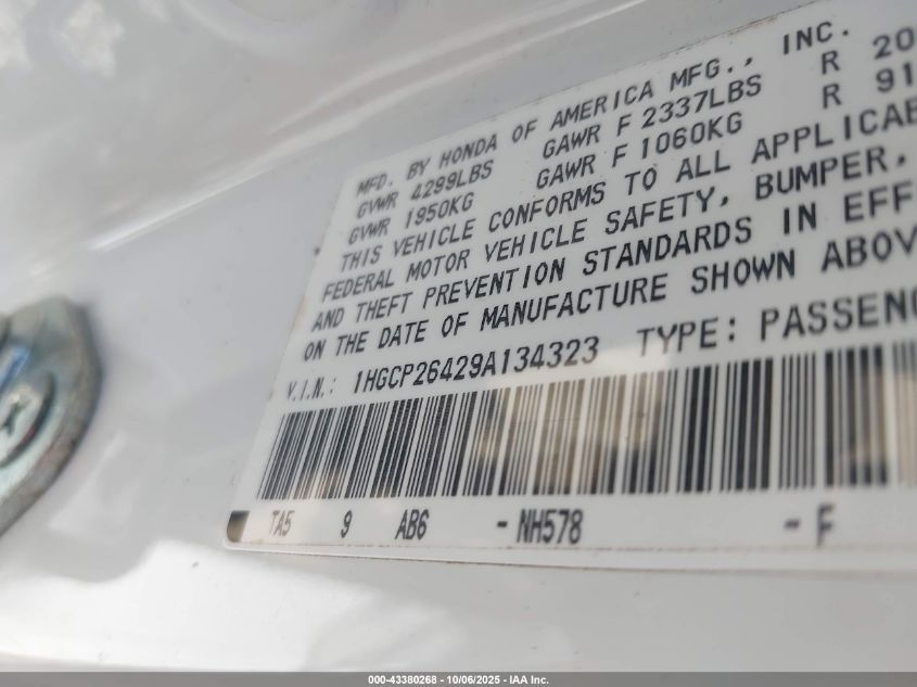 2009 Honda Accord 2.4 Lx-P VIN: 1HGCP26429A134323 Lot: 43380268