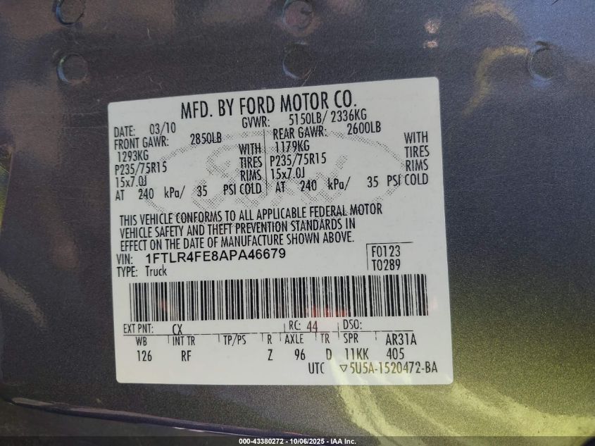 2010 Ford Ranger Sport/Xlt VIN: 1FTLR4FE8APA46679 Lot: 43380272