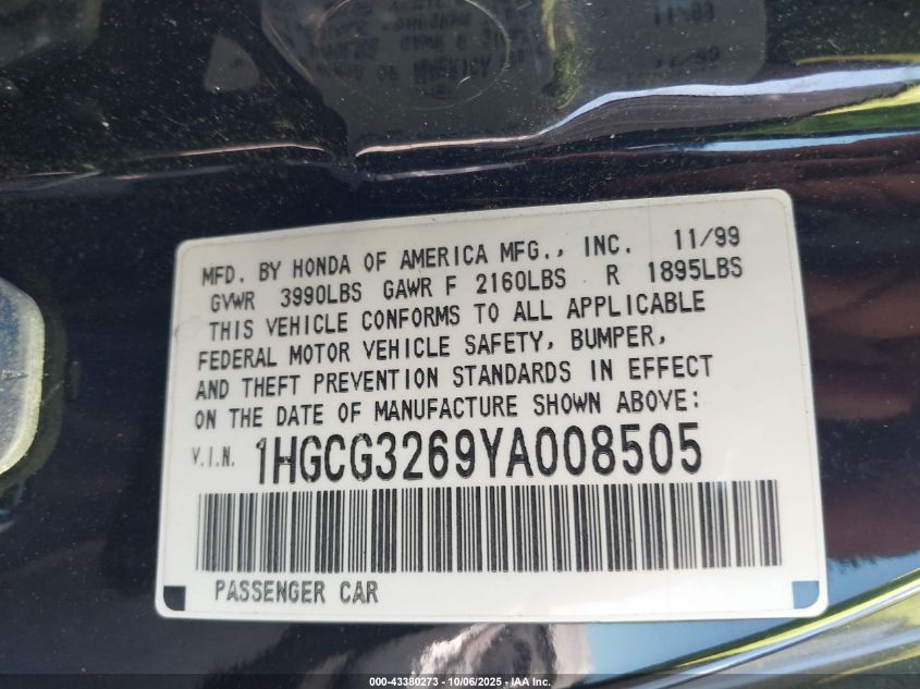 2000 Honda Accord 2.3 Lx VIN: 1HGCG3269YA008505 Lot: 43380273