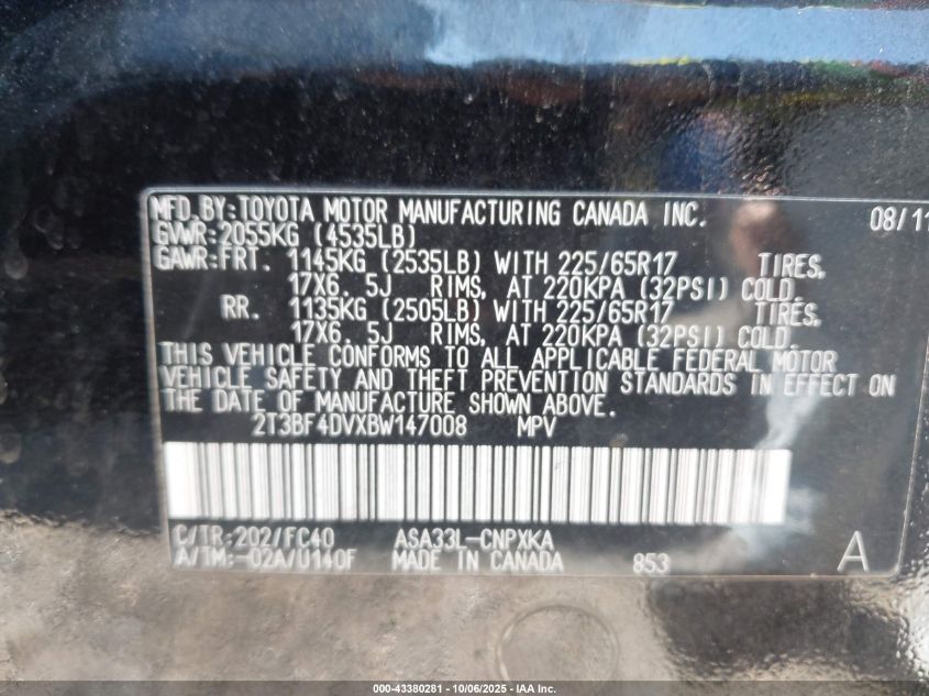 2011 Toyota Rav4 VIN: 2T3BF4DVXBW147008 Lot: 43380281