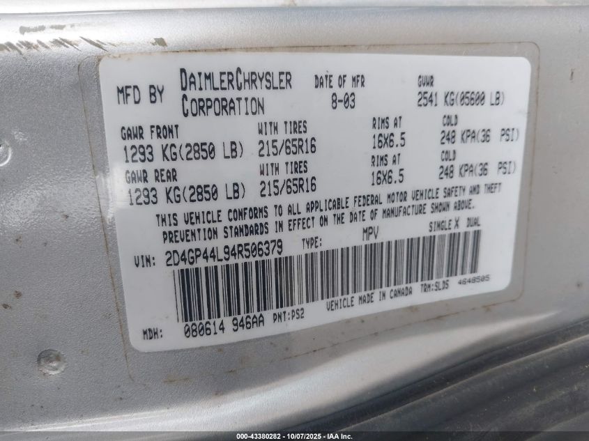 2006 Chrysler Town & Country Lx VIN: 2A4GP44R26R897325 Lot: 43380282