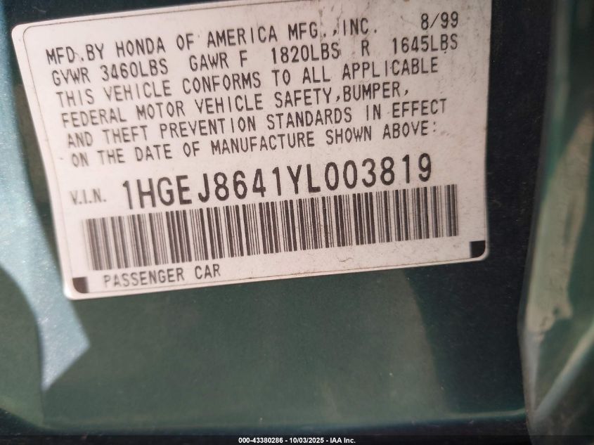 2000 Honda Civic Ex VIN: 1HGEJ8641YL003819 Lot: 43380286