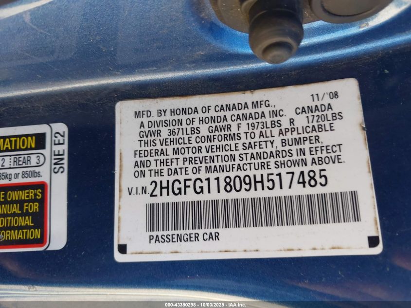 2009 Honda Civic Ex VIN: 2HGFG11809H517485 Lot: 43380298