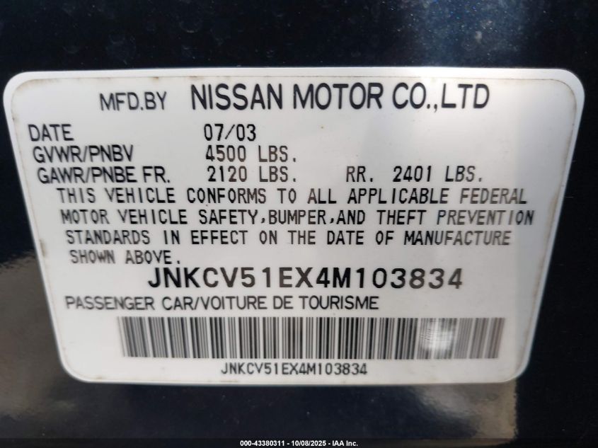 2004 Infiniti G35 VIN: JNKCV51EX4M103834 Lot: 43380311