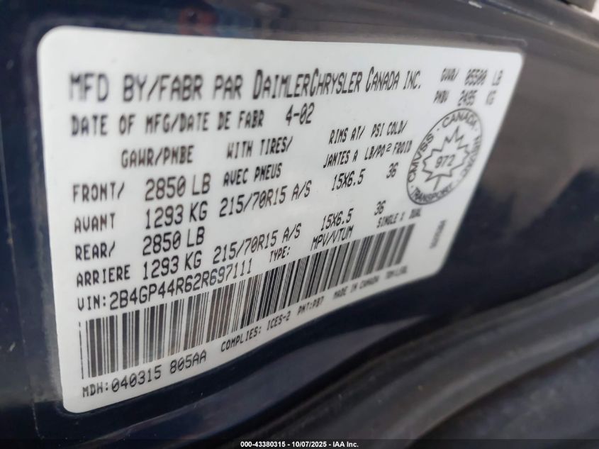 2002 Dodge Grand Caravan Sport VIN: 2B4GP44R62R697111 Lot: 43380315