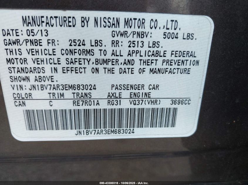 2014 Infiniti Q50 Premium VIN: JN1BV7AR3EM683024 Lot: 43380316