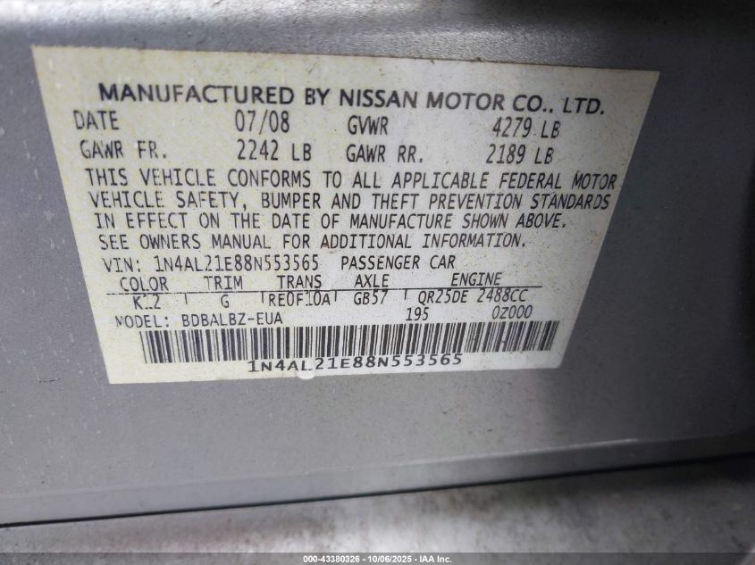 2008 Nissan Altima 2.5 S VIN: 1N4AL21E88N553565 Lot: 43380326