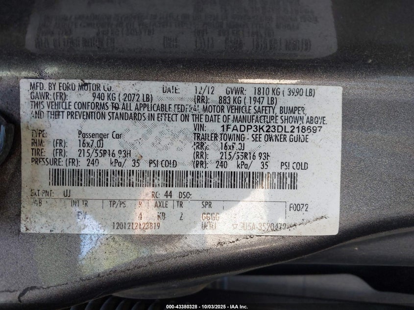 2013 FORD FOCUS SE - 1FADP3K23DL218697