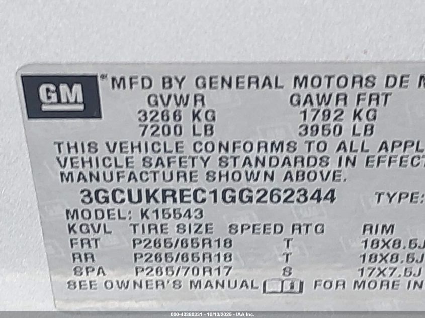 2016 Chevrolet Silverado 1500 2Lt VIN: 3GCUKREC1GG262344 Lot: 43380331