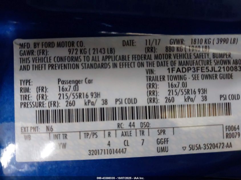 2018 Ford Focus Se VIN: 1FADP3FE5JL210083 Lot: 43380335