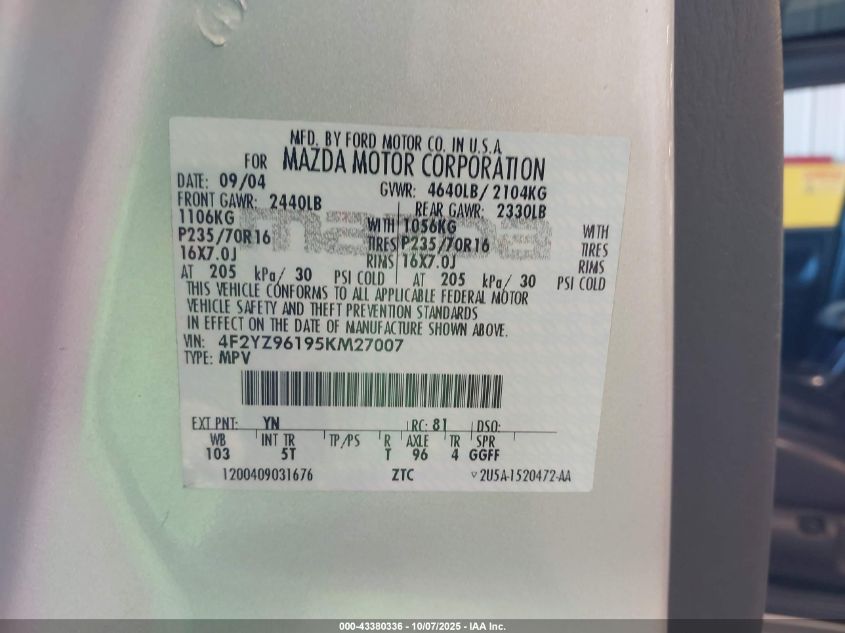 2005 Mazda Tribute S VIN: 4F2YZ96195KM27007 Lot: 43380336