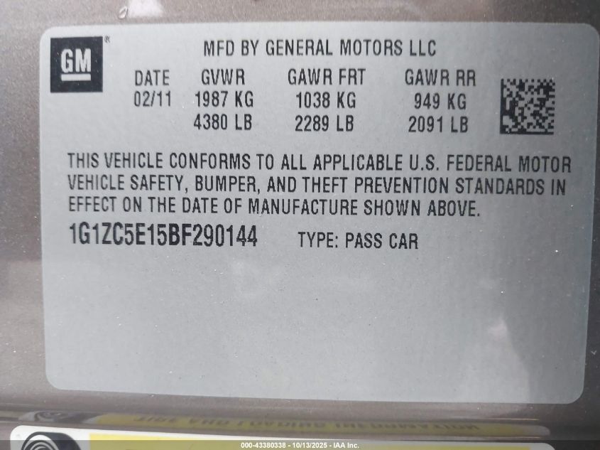 2011 Chevrolet Malibu 1Lt VIN: 1G1ZC5E15BF290144 Lot: 43380338