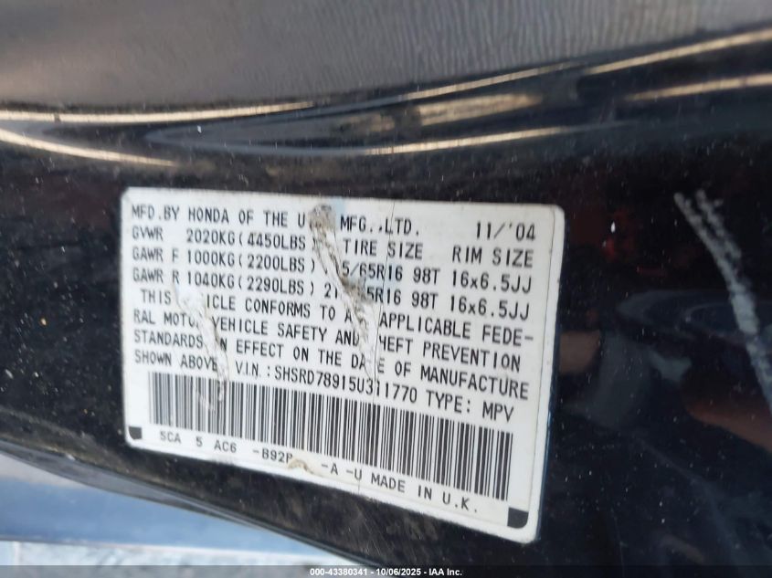 2005 Honda Cr-V Se VIN: SHSRD78915U311770 Lot: 43380341