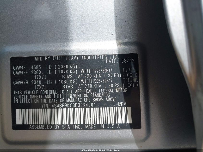 2013 Subaru Outback 2.5I Limited VIN: 4S4BRBKC3D3224901 Lot: 43380348