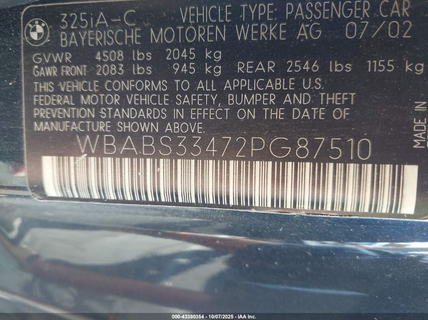 2002 BMW 325Ci VIN: WBABS33472PG87510 Lot: 43380354