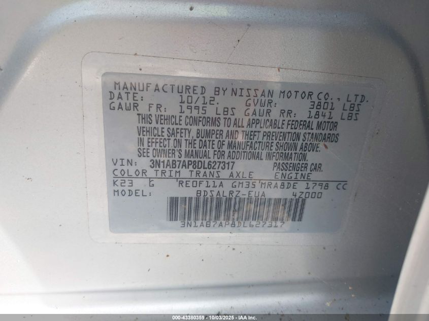 2013 Nissan Sentra Sr VIN: 3N1AB7AP8DL627317 Lot: 43380359