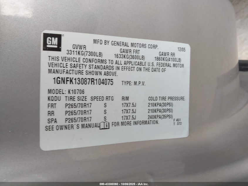 2007 Chevrolet Tahoe Lt VIN: 1GNFK13087R104075 Lot: 43380360