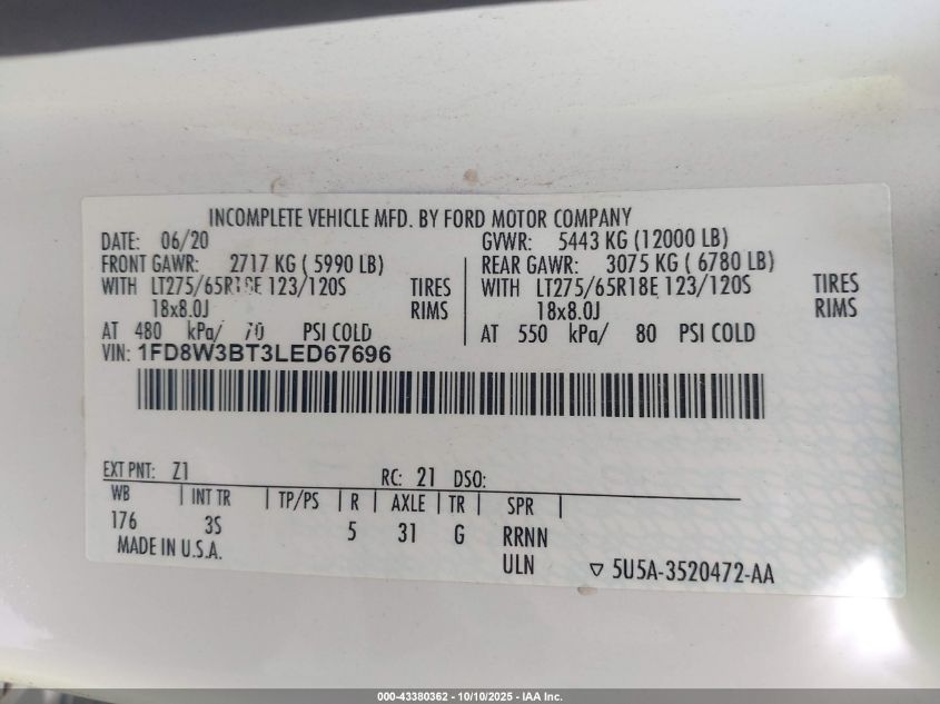 2020 Ford F-350 Xlt VIN: 1FD8W3BT3LED67696 Lot: 43380362